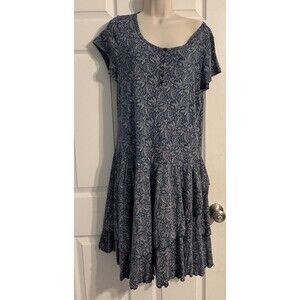 LRL Jeans Ralph Lauren Paisley Print Blue Midi Dress Cottage Core Tiered L